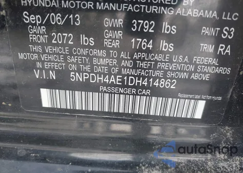 2013 Hyundai Elantra Gls z USA, uszkodzony, nr VIN 5NPDH4AE1DH414862